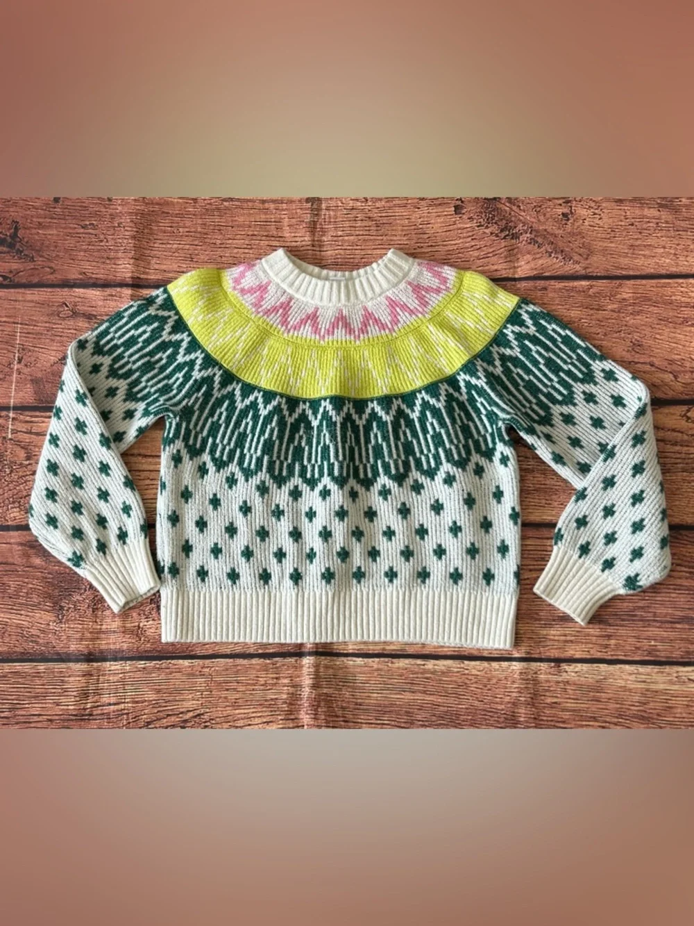 Old Navy Fair Isle Mock Neck Pullover Sweater Size L (10/12) Kids White Green